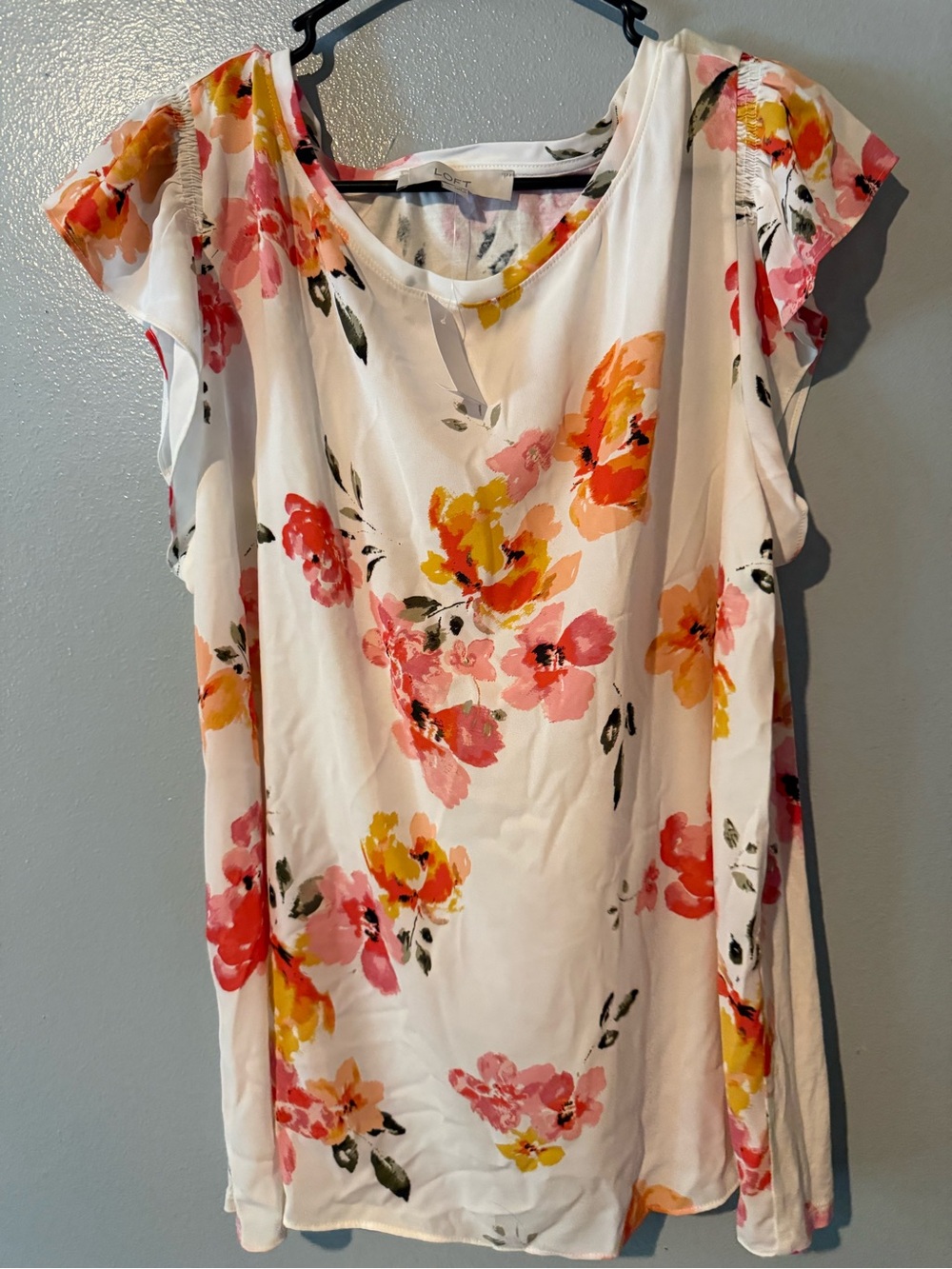 LOFT White Floral Blouse with Pink & Yellow Accents
